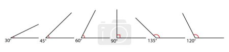 Illustration for Angle collection. Mathematic 30, 45, 60, 90, 120, 135 corners degree set. Vector isolated on white. - Royalty Free Image