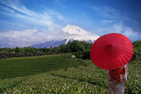 Téléchargez les photos : Femme japonaise dans le champ de thé vert avec la montagne Fuji et l'umbella rouge - en image libre de droit