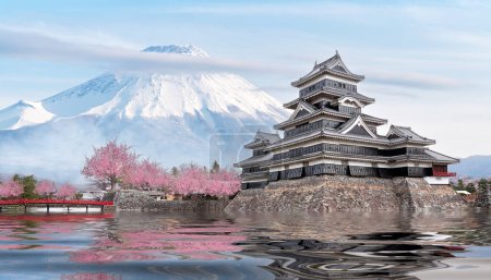 Photo for Japanese castle in tokyo with cherry blossom, Fuji mountain blue sky and reflec of castle in river , Tokyo city, Japan - Royalty Free Image