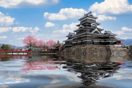 Photo for Japanese castle in tokyo with cherry blossom, blue sky and reflec of castle in river , Tokyo city, Japan - Royalty Free Image