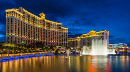 Panorama photo for Cityscape of las vegas city with fountain show  in paris area, Las Vegas, Nevada, United States on 12Apr 2022