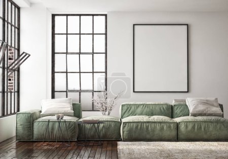 Photo for Mockup poster frame on the wall of living room. Luxurious apartment background with contemporary design. Modern interior design. 3D render, 3D illustration. - Royalty Free Image
