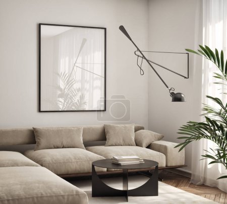 Marco de póster burlón en la pared de la sala de estar. Lujoso apartamento de fondo con diseño contemporáneo. Diseño interior moderno. Renderizado 3D, ilustración 3D.