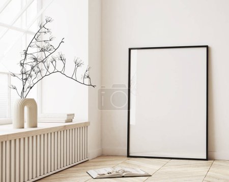 Foto de Marcos de póster burla en la pared de la sala de estar. Una maqueta interior. Fondo del apartamento. Diseño interior moderno de Japandi. Renderizado 3D - Imagen libre de derechos