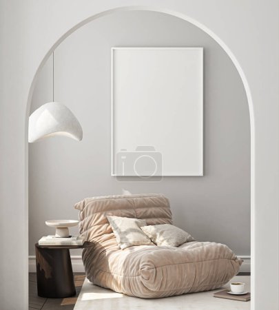 Foto de Marco de maqueta, tamaño de papel ISO A. Sala de estar pared cartel maqueta. Maqueta interior con fondo de casa. Diseño interior moderno. Renderizado 3D - Imagen libre de derechos
