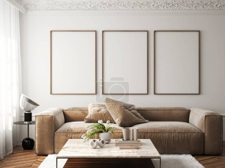 Foto de Marco de maqueta, tamaño de papel ISO A. Sala de estar pared cartel maqueta. Maqueta interior con fondo de casa. Diseño interior moderno. Renderizado 3D - Imagen libre de derechos
