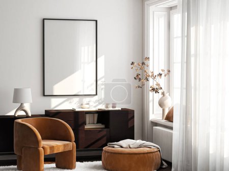 Photo for Frame mockup, ISO A paper size. Living room wall poster mockup. Interior mockup with house background. Modern interior design. 3D render - Royalty Free Image