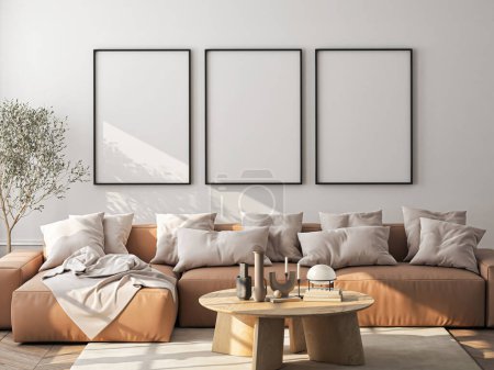Photo for Frame mockup, ISO A paper size. Living room wall poster mockup. Interior mockup with house background. Modern interior design. 3D render - Royalty Free Image