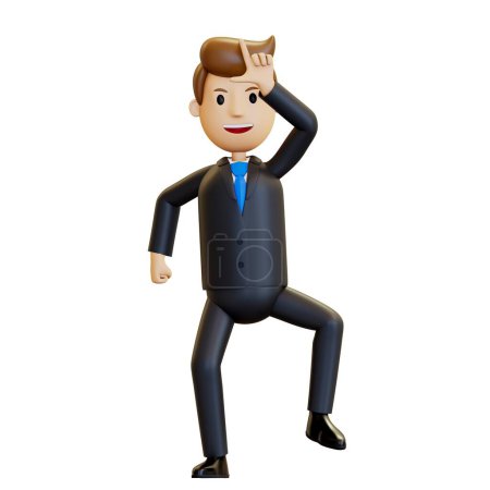 3d Mann. Ein wütender Büroangestellter springt vor Freude auf und lacht über die Verlierer. Ein Geschäftsmann im Anzug zeigt, dass seine Kollegen Verlierer sind. 3D-Rendering, Illustration im Cartoon-Stil, isoliert.