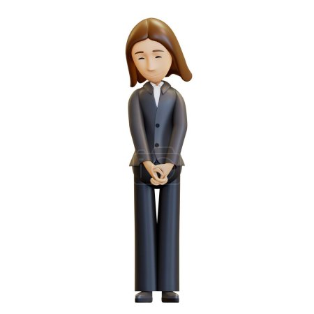 Mujer 3d. Un trabajador de oficina tímido estaba avergonzado por un cumplido en el trabajo. Una mujer de negocios con traje refleja emociones. Representación 3D, ilustración en estilo de dibujos animados, aislado.