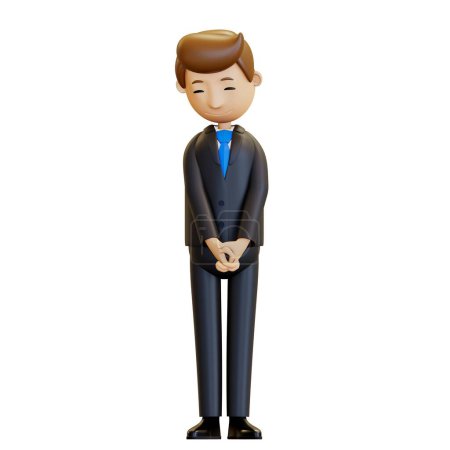 Hombre 3d. Un trabajador de oficina tímido estaba avergonzado por un cumplido en el trabajo. Un hombre de negocios con traje refleja emociones. Representación 3D, ilustración en estilo de dibujos animados, aislado.