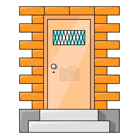 Téléchargez les illustrations : La porte. Icône minimaliste en style dessin animé. Illustration vectorielle plate d'une porte avec une fenêtre dans une maison en brique. Rentrez chez vous. Un établissement verrouillé. - en licence libre de droit