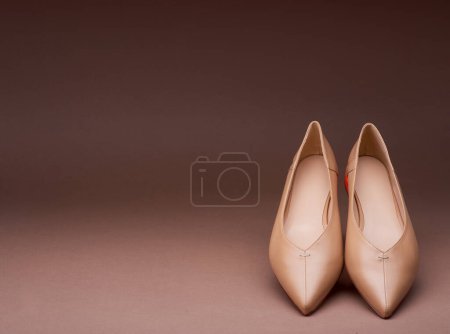 Foto de Un par de elegantes zapatos de tacón bajo de punta puntiaguda beige en ángulo e inclinación sobre un fondo marrón degradado con espacio para copiar. Diseño minimalista con calzado. - Imagen libre de derechos