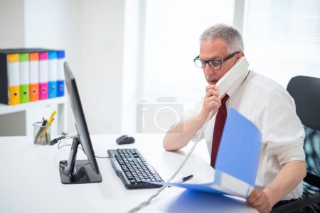 Téléchargez les photos : Homme d'affaires parlant au téléphone tout en utilisant son ordinateur de bureau - en image libre de droit