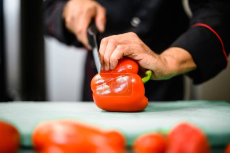 Photo for Closeup of a chef cutting a red pepper - Royalty Free Image