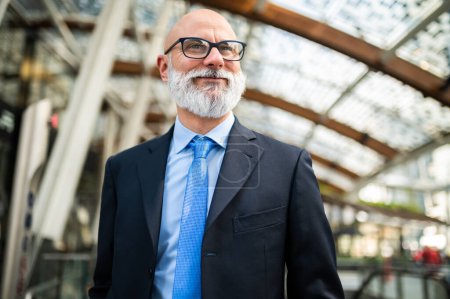 Téléchargez les photos : Mature chauve élégant portrait d'homme d'affaires avec une barbe blanche en plein air avec des lunettes - en image libre de droit