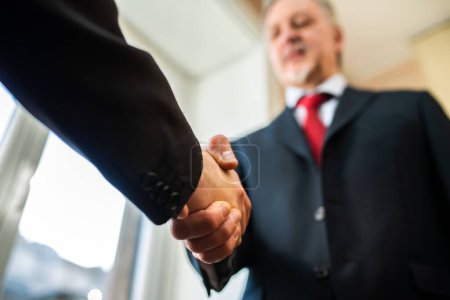 Photo for Closeup image of a firm handshake standing for a trusted partnership - Royalty Free Image