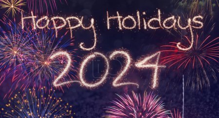 Photo for Festive 2024 happy holidays message with vibrant fireworks in the night sky. - Royalty Free Image