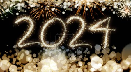 Téléchargez les photos : Feux d'artifice éblouissants et des chiffres scintillants signifient la célébration festive de la nouvelle année 2024 - en image libre de droit