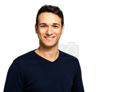 Photo for Man wearing a blue shirt and a necklace is smiling for the camera - Royalty Free Image