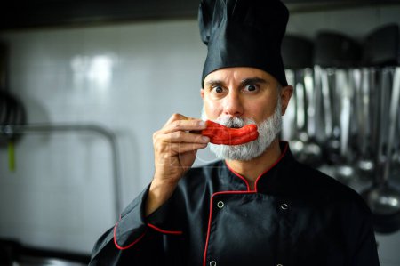 Foto de Chef en traje profesional con humor posa con un chile rojo como un bigote - Imagen libre de derechos