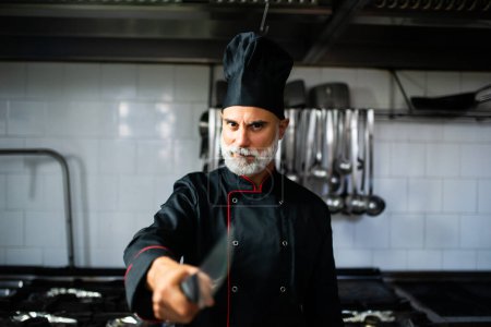 Photo for Professional chef with a stern look standing in a stainless steel industrial kitchen - Royalty Free Image
