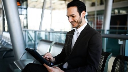 Foto de Alegre ejecutivo masculino se involucra con una tableta digital mientras espera en una terminal del aeropuerto - Imagen libre de derechos