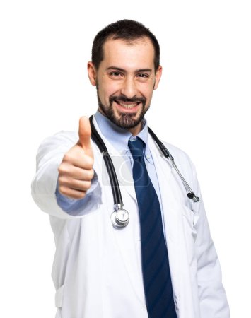 Photo for Handsome doctor portrait isolated on white giving thumbs up - Royalty Free Image