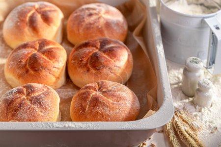 Tasty and homemade kaiser rolls for perfect and healthy breakfast. Kaiser rolls  and ingredients in the bakery.