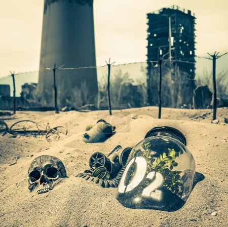 Extraño frasco con planta en la arruinada ciudad de posguerra. Aire contaminado en una ciudad post-apocalíptica.