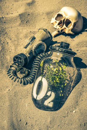 Strange jar with plant as symbol of air pollution. Polluted air in a post-apocalyptic city.