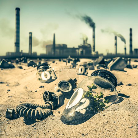 Extraño frasco con planta en lugar industrial en ruinas. Aire contaminado en una ciudad post-apocalíptica.