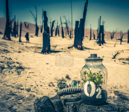 Extraño frasco con planta y máscara sobre fondo de bosque quemado