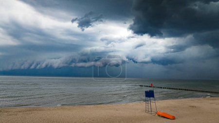 Lifeguard tower and during storm at Baltic Sea in Poland, Europe