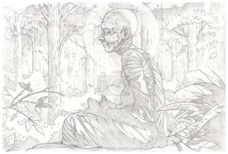 Foto de Un dibujo a lápiz dibujado a mano del budismo Theravada de un monje budista santo haciendo meditación vipassana en el bosque profundo - Imagen libre de derechos