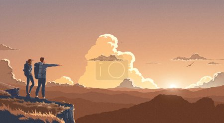 Téléchargez les illustrations : Illustration de paysages de montagne dans un vecteur d'un couple observant et admirant la vue sur le sommet de la falaise avec le fond d'un vaste paysage de centaines de montagnes s'étendant à perte de vue et le soleil se lève à l'horizon. - en licence libre de droit