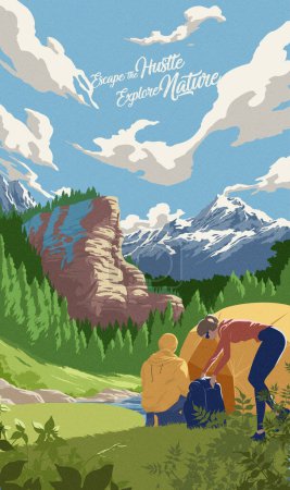 ein Paar, das in einem Nationalpark vor dem Hintergrund einer Klippe und der Berge sein Lager aufschlägt.