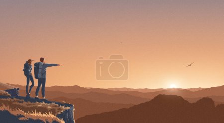 Téléchargez les illustrations : Un couple observant et admirant la vue sur le sommet de la falaise avec le fond d'un vaste paysage de centaines de montagnes s'étendant à perte de vue et le soleil se levant à l'horizon. - en licence libre de droit