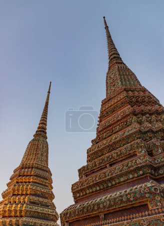 A picture of the spires at the Wat Pho Temple.