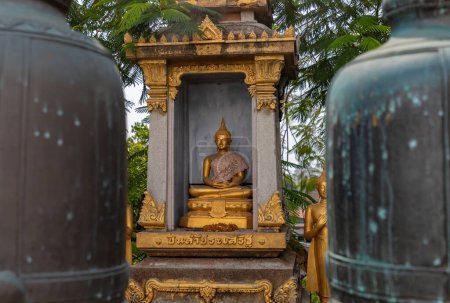 A picture of a golden Buddha statue at the Wat Saket Ratchaworamahawihan, or Golden Mount.