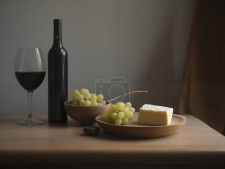 Foto de Copa de vino y queso con fruta en tono de luz y sombra - Imagen libre de derechos