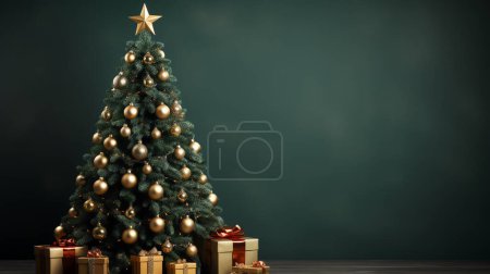 Photo for Christmas tree with decorated ornaments and gift boxes in green luxury background - Royalty Free Image