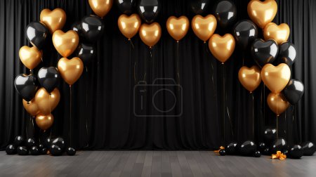 Foto de Celebra el evento con cortina negra y fondo de globos dorados, feliz año nuevo y fiesta - Imagen libre de derechos