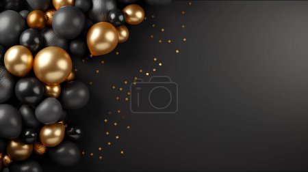 Foto de Globos negros y dorados en la esquina sobre fondo negro con espacio para copiar - Imagen libre de derechos