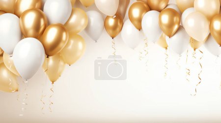 Foto de Banner de fiesta de celebración con globos de oro sobre fondo brillante con espacio de copia, concepto de vacaciones - Imagen libre de derechos