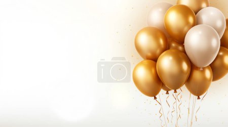 Foto de Banner de fiesta de celebración con globos de oro sobre fondo brillante con espacio de copia, concepto de vacaciones - Imagen libre de derechos