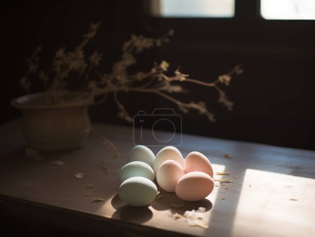 Foto de Huevos de Pascua feliz, escena de estilo de vida interior, estilo vintage estético - Imagen libre de derechos