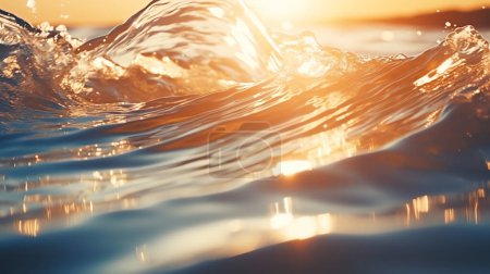 Foto de Acercamiento dentro de la onda abstracta rompiendo en la puesta del sol o la luz natural del fondo de la salida del sol - Imagen libre de derechos