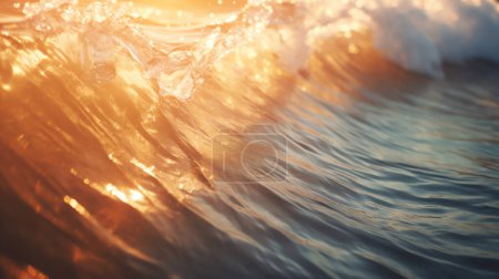 Foto de Acercamiento dentro de la onda abstracta rompiendo en la puesta del sol o la luz natural del fondo de la salida del sol - Imagen libre de derechos