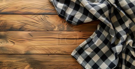 Foto de Vista superior del mantel a cuadros negro en banner de fondo de mesa de madera vacío en blanco, concepto de comida - Imagen libre de derechos